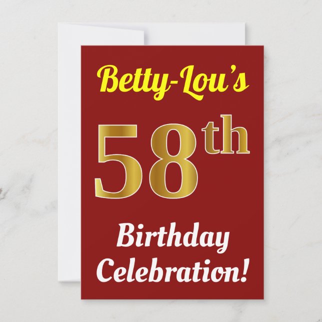 Red, Faux Gold 58th Birthday Celebration + Name Invitation (Front)
