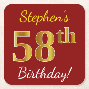 Red, Faux Gold 58th Birthday + Custom Name Square Paper Coaster