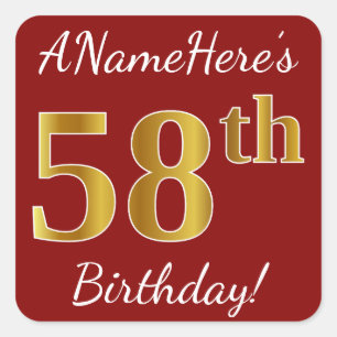 Red, Faux Gold 58th Birthday + Custom Name Sticker