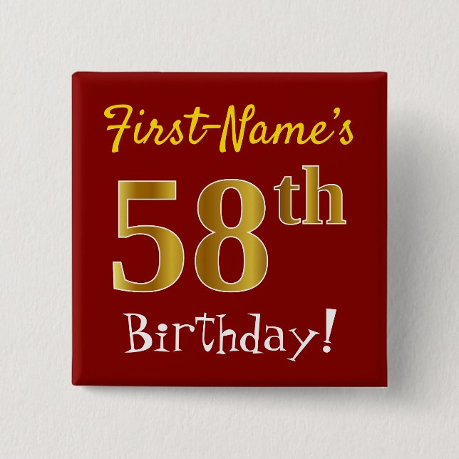 Red, Faux Gold 58th Birthday, With Custom Name 2 Inch Square Button (Front)