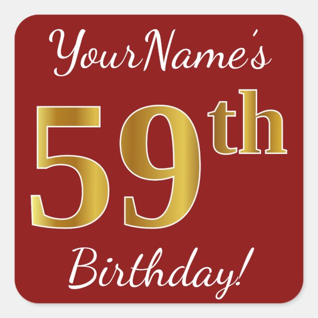 Red, Faux Gold 59th Birthday + Custom Name Sticker (Front)