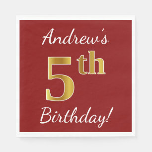 Red, Faux Gold 5th Birthday + Custom Name Napkin