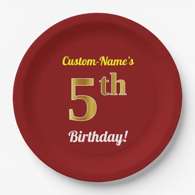 Red, Faux Gold 5th Birthday + Custom Name Paper Plate (Front)
