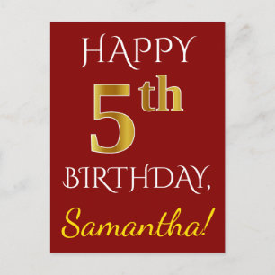 Red, Faux Gold 5th Birthday + Custom Name Postcard