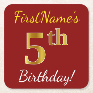 Red, Faux Gold 5th Birthday + Custom Name Square Paper Coaster