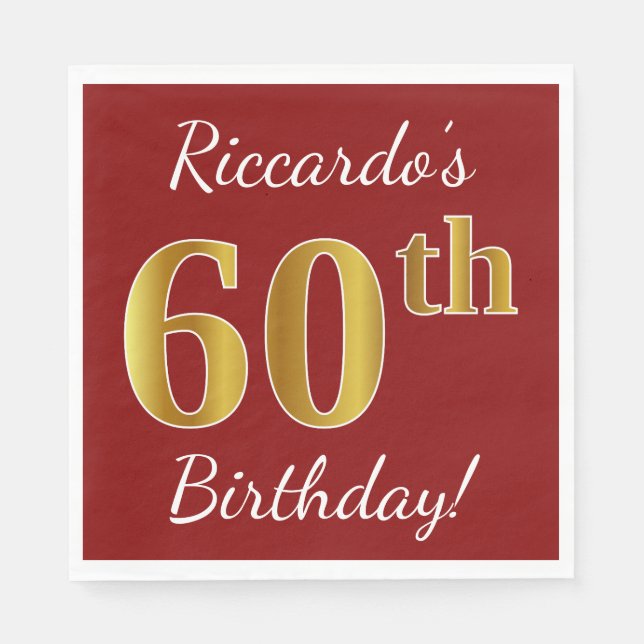 Red, Faux Gold 60th Birthday + Custom Name Napkin (Front)
