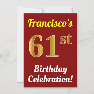 Red, Faux Gold 61st Birthday Celebration + Name Invitation