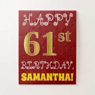 Red, Faux Gold 61st Birthday + Custom Name Puzzle
