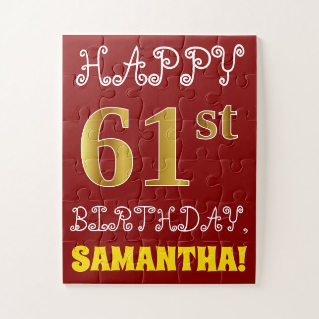 Red, Faux Gold 61st Birthday + Custom Name Puzzle (Vertical)