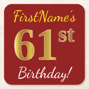 Red, Faux Gold 61st Birthday + Custom Name Square Paper Coaster