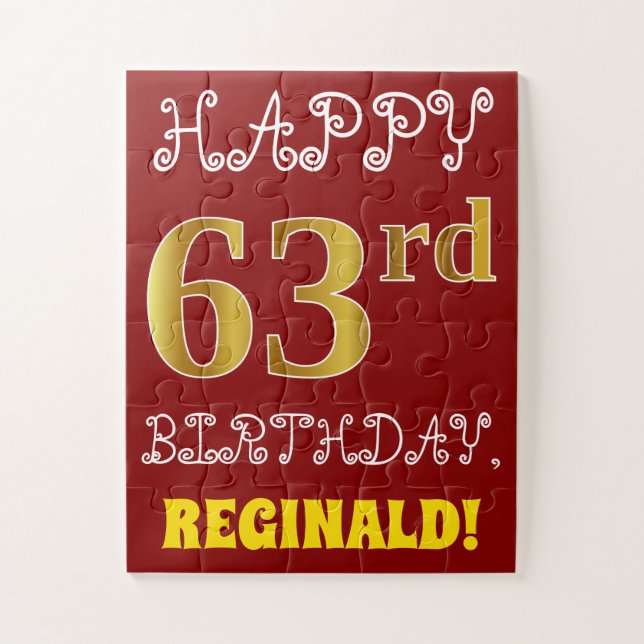 Red, Faux Gold 63rd Birthday + Custom Name Puzzle (Vertical)