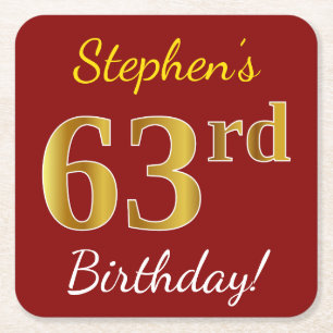 Red, Faux Gold 63rd Birthday + Custom Name Square Paper Coaster