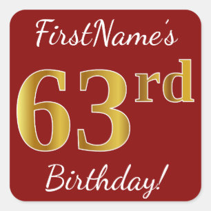 Red, Faux Gold 63rd Birthday + Custom Name Sticker