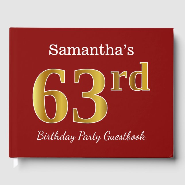 Red, Faux Gold 63rd Birthday Party + Custom Name Guest Book (Front)