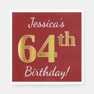 Red, Faux Gold 64th Birthday + Custom Name Napkin