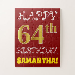 Red, Faux Gold 64th Birthday + Custom Name Puzzle