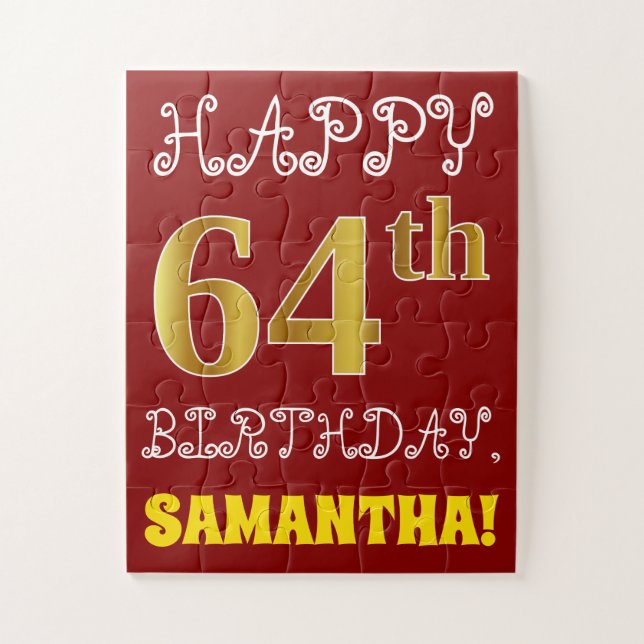 Red, Faux Gold 64th Birthday + Custom Name Puzzle (Vertical)