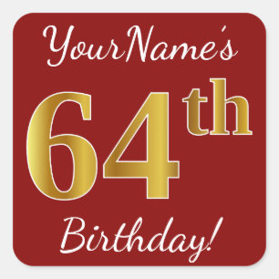 Red, Faux Gold 64th Birthday + Custom Name Sticker