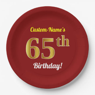 Red, Faux Gold 65th Birthday + Custom Name Paper Plate