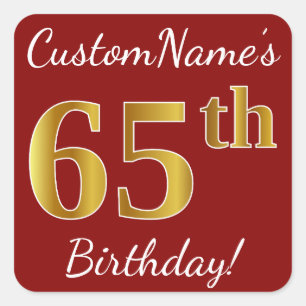Red, Faux Gold 65th Birthday + Custom Name Sticker