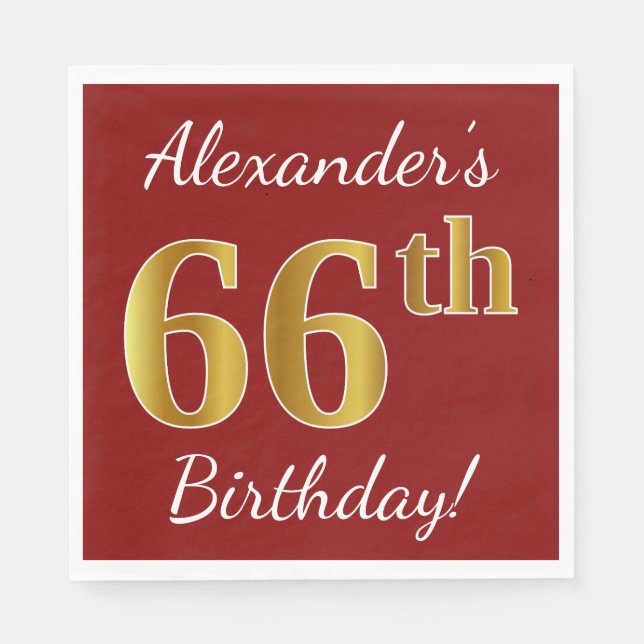 Red, Faux Gold 66th Birthday + Custom Name Napkin (Front)