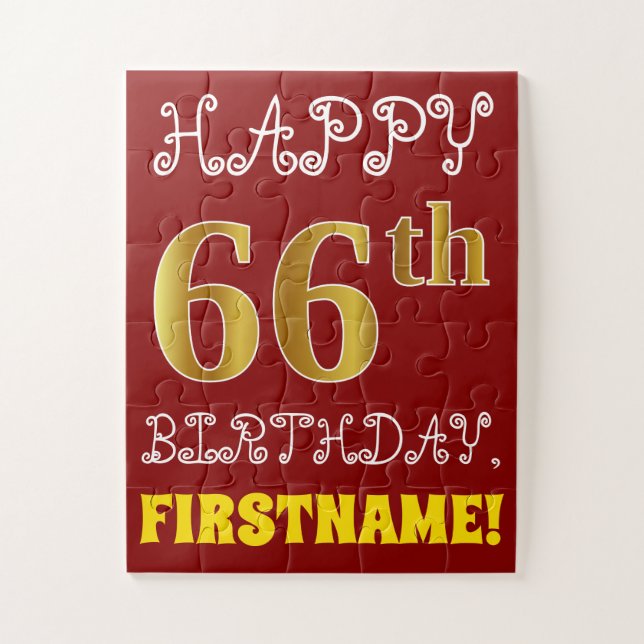 Red, Faux Gold 66th Birthday + Custom Name Puzzle (Vertical)
