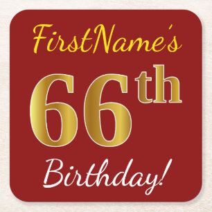 Red, Faux Gold 66th Birthday + Custom Name Square Paper Coaster