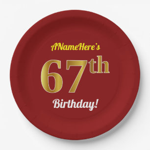 Red, Faux Gold 67th Birthday + Custom Name Paper Plate