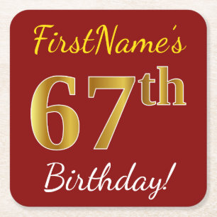Red, Faux Gold 67th Birthday + Custom Name Square Paper Coaster