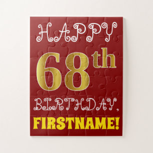 Red, Faux Gold 68th Birthday + Custom Name Puzzle