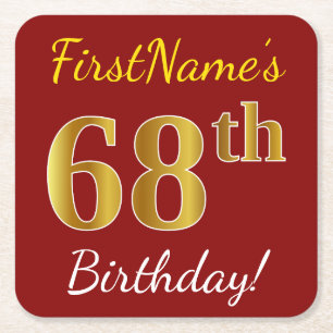 Red, Faux Gold 68th Birthday + Custom Name Square Paper Coaster