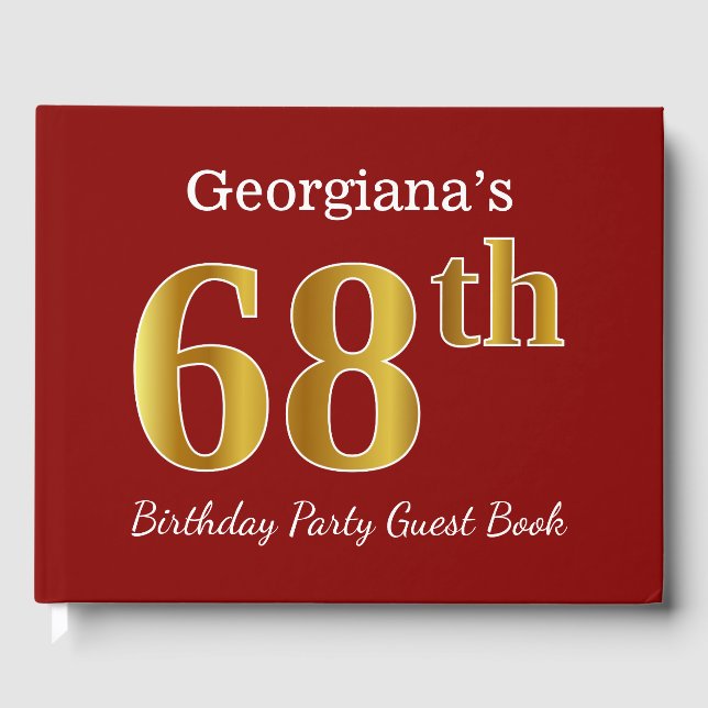 Red, Faux Gold 68th Birthday Party + Custom Name Guest Book (Front)