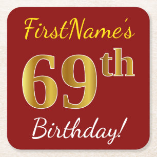 Red, Faux Gold 69th Birthday + Custom Name Square Paper Coaster
