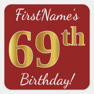 Red, Faux Gold 69th Birthday + Custom Name Sticker