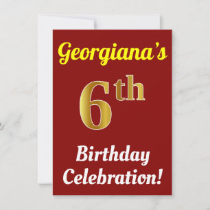 Red, Faux Gold 6th Birthday Celebration + Name Invitation