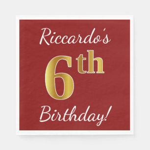 Red, Faux Gold 6th Birthday + Custom Name Napkin