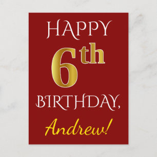 Red, Faux Gold 6th Birthday + Custom Name Postcard