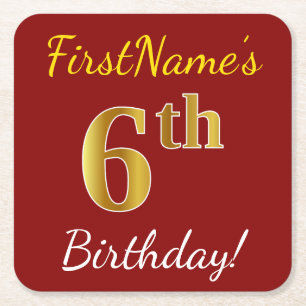 Red, Faux Gold 6th Birthday + Custom Name Square Paper Coaster