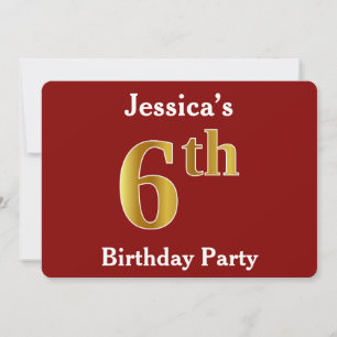 Red, Faux Gold 6th Birthday Party + Custom Name Invitation
