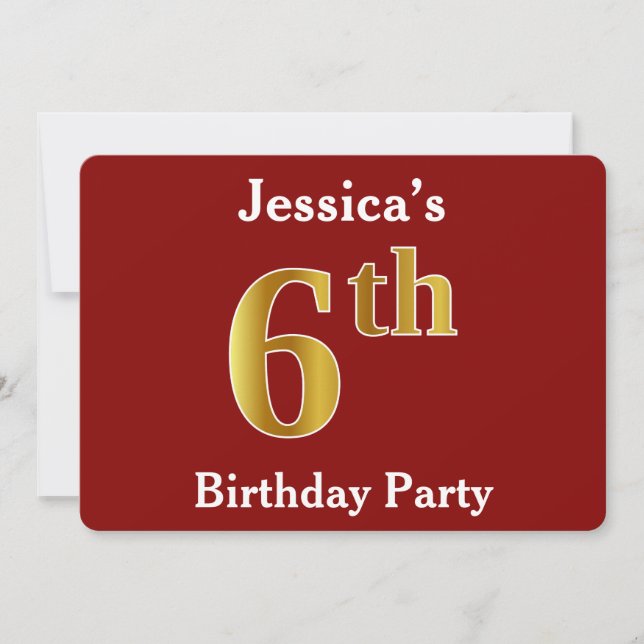 Red, Faux Gold 6th Birthday Party + Custom Name Invitation (Front)