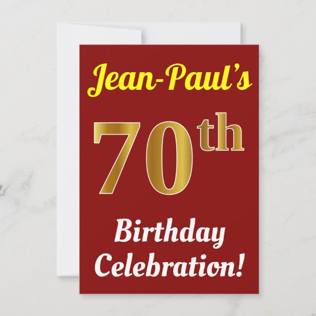 Red, Faux Gold 70th Birthday Celebration + Name Invitation (Front)