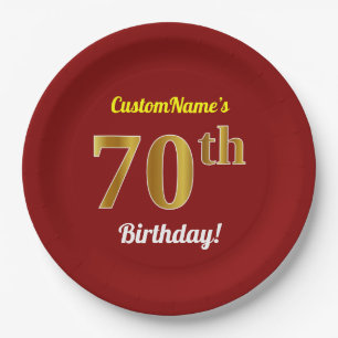 Red, Faux Gold 70th Birthday + Custom Name Paper Plate