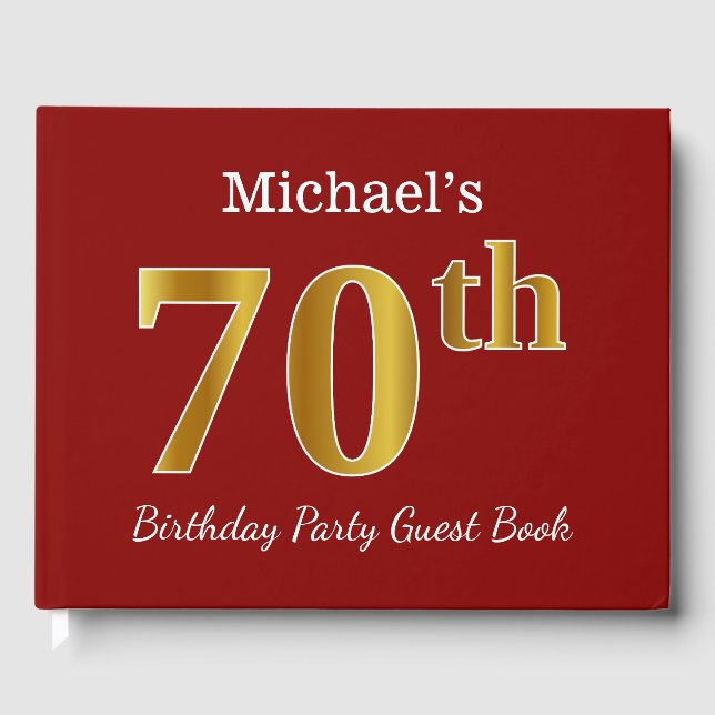 Red, Faux Gold 70th Birthday Party + Custom Name Guest Book (Front)