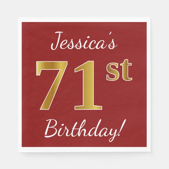 Red, Faux Gold 71st Birthday + Custom Name Napkin (Front)