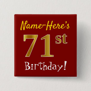 Red, Faux Gold 71st Birthday, With Custom Name 2 Inch Square Button