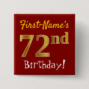 Red, Faux Gold 72nd Birthday, With Custom Name 2 Inch Square Button