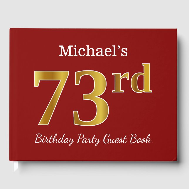Red, Faux Gold 73rd Birthday Party + Custom Name Guest Book (Front)