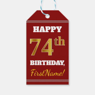 Red, Faux Gold 74th Birthday + Custom Name Gift Tags