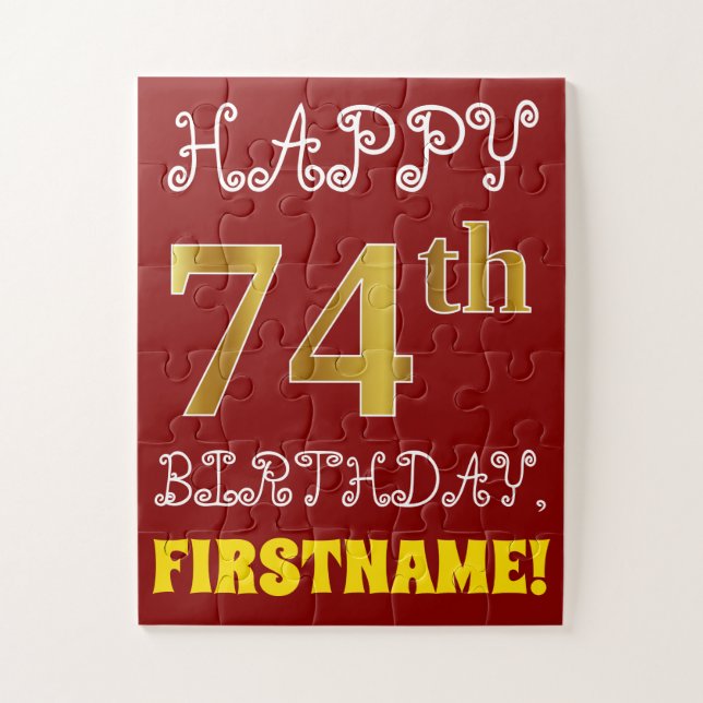 Red, Faux Gold 74th Birthday + Custom Name Puzzle (Vertical)