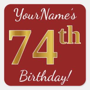 Red, Faux Gold 74th Birthday + Custom Name Sticker